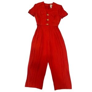Vintage Joseph Ribkoff Holiday Red‎ Jumpsuit Gold buttons powersuit 80s